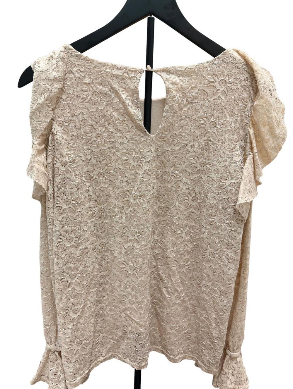 Carolina Belle Beige Lace Cold Shoulder Blouse with Ruffle Details - Picture 6 of 8